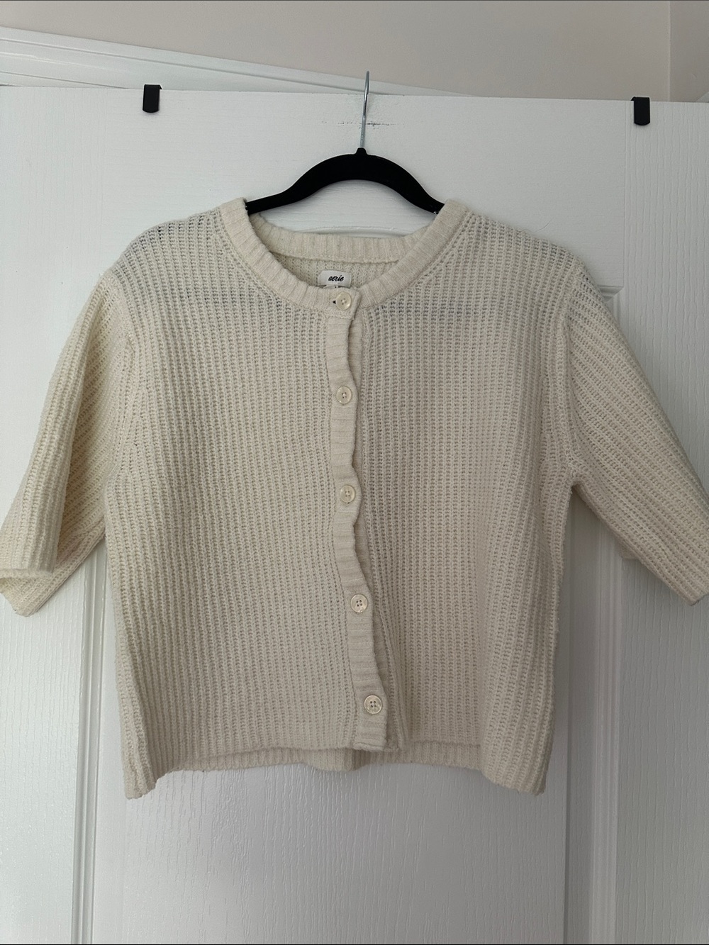 aerie Cream Knit Short-Sleeve Button Cardigan